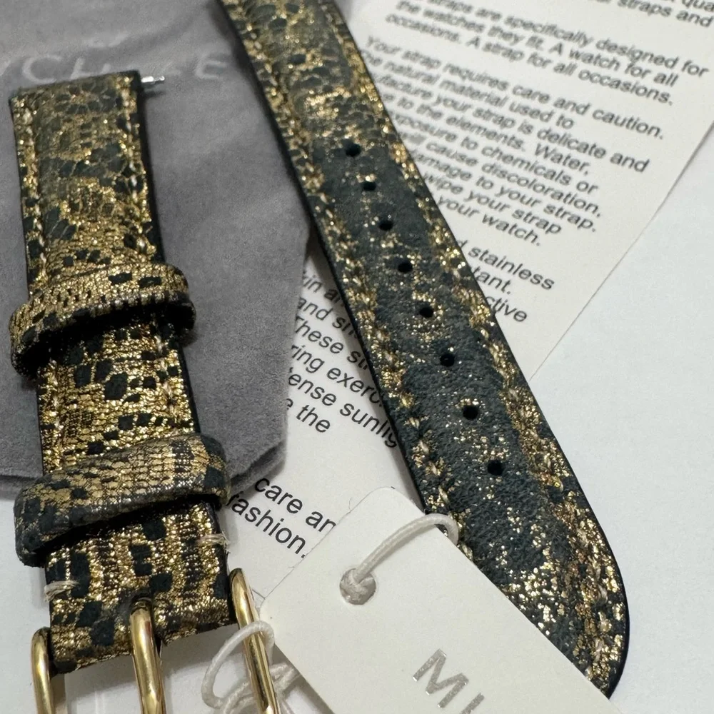 NEW wTags Michele 16MM Black Leather Gold Lace Watch Band
